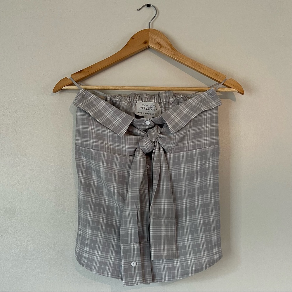 Anthropologie Strapless Front Tie Plaid Buttondown